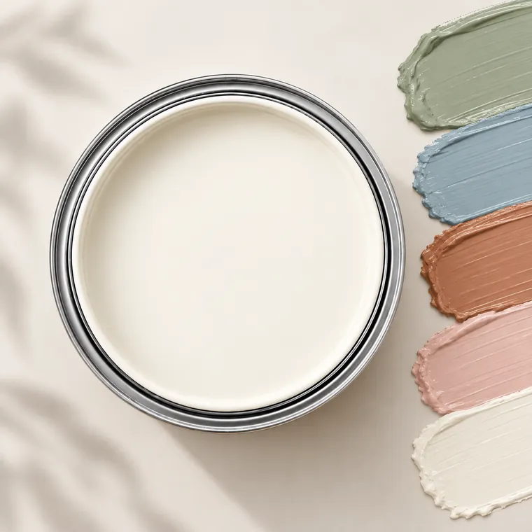 Soft white paint tin with accent colour swatches: Sage, Dusty blue, Terracotta, Blush, Ivory