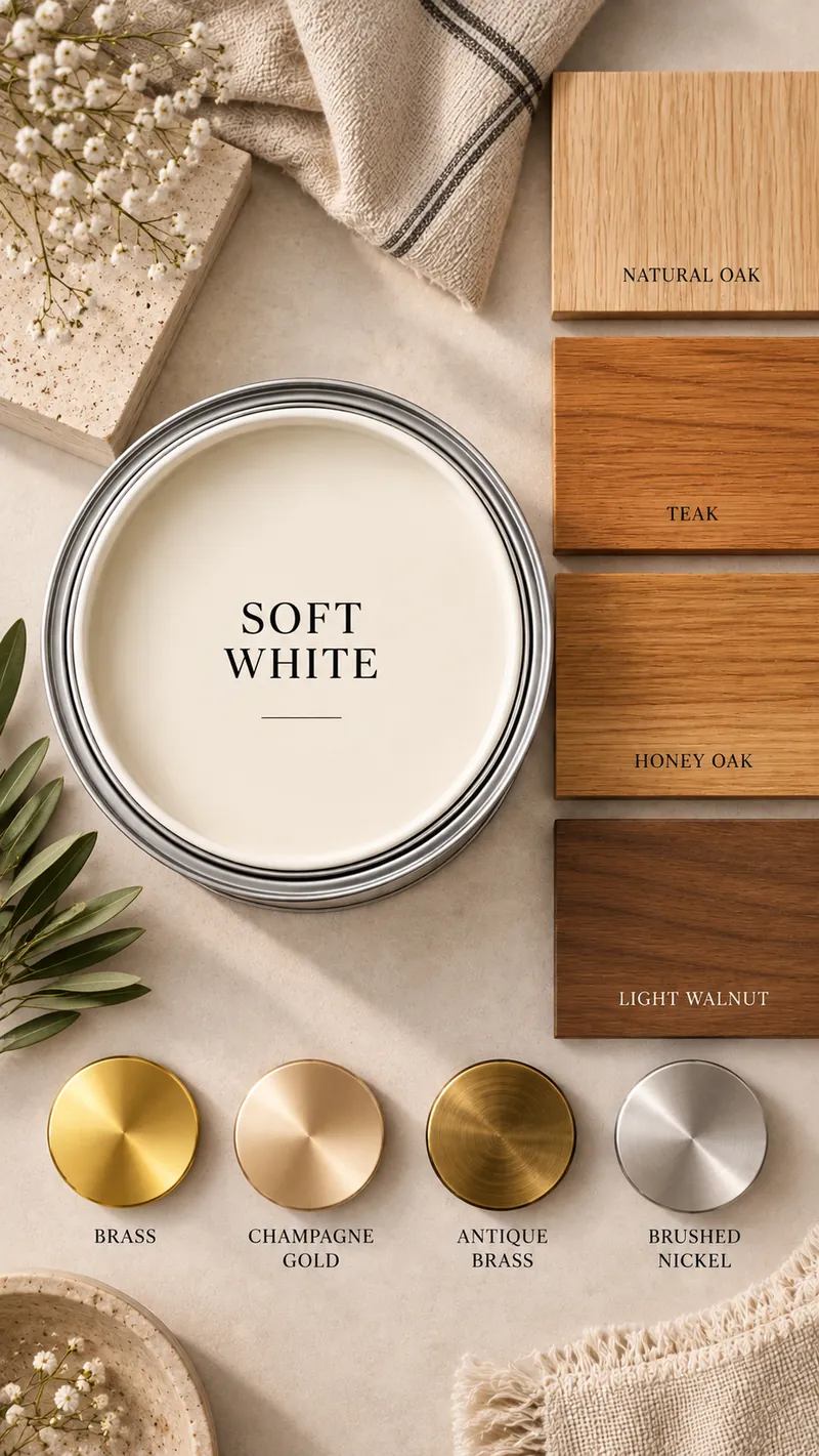 Soft white paint with the woods and metal finishes that suit it: Natural oak, Teak, Honey oak, Light walnut; Brass, Champagne gold, Antique brass, Brushed nickel