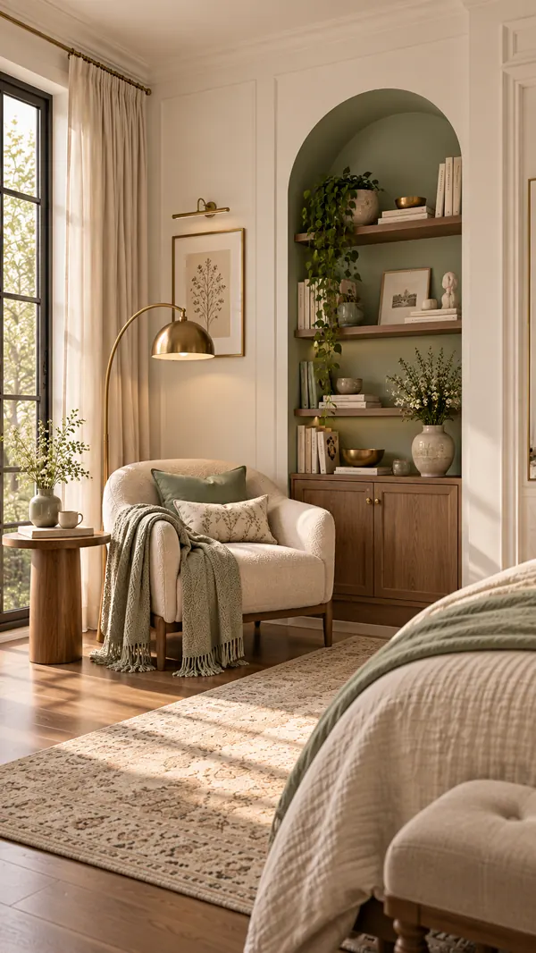 Reading corner with soft white panelling and a sage green arched niche with walnut shelves