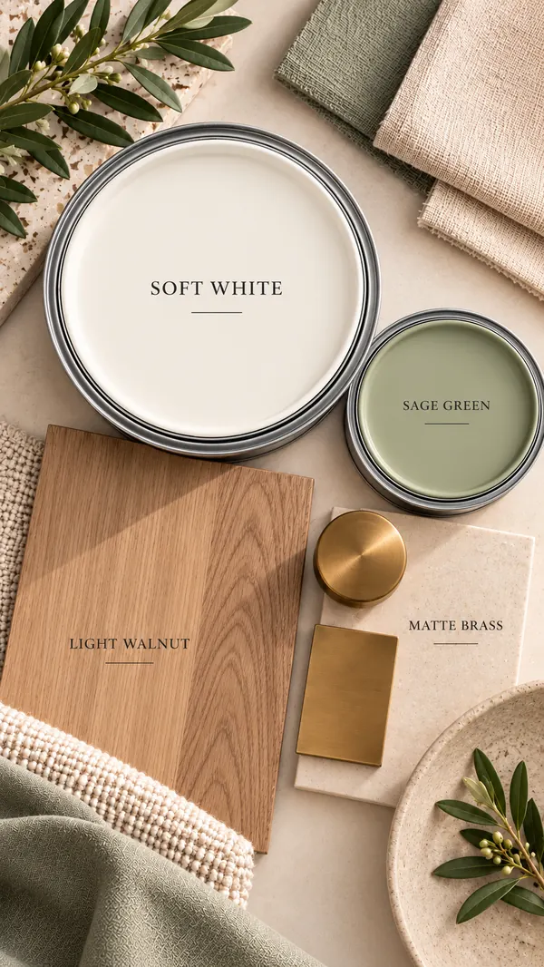 Soft white and sage green paint with light walnut and matte brass