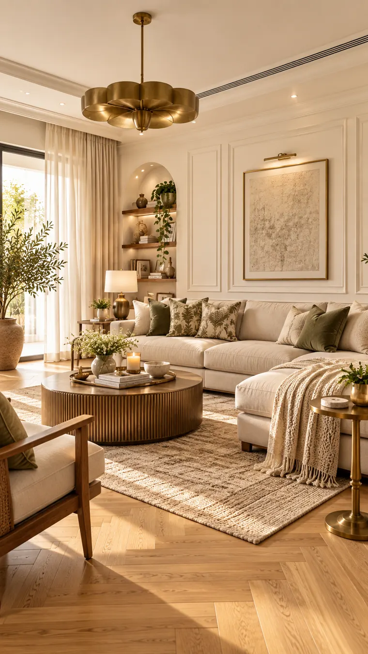 Living room with soft white panelled walls, a cream sectional, light oak herringbone floor, brass pendant and sage cushions