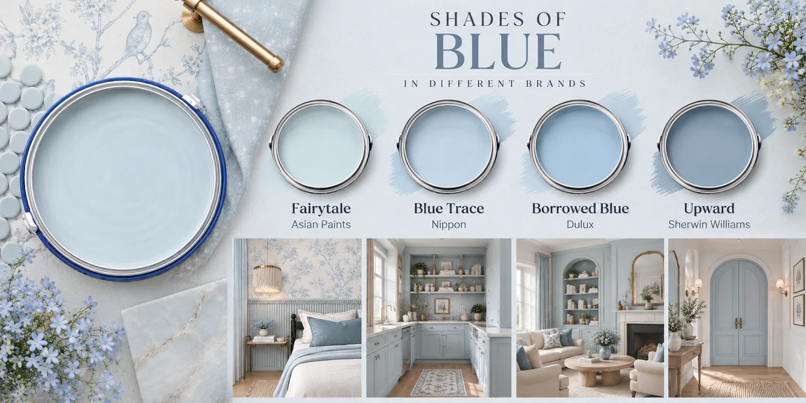 Shades of blue in different brands — Fairytale by Asian Paints, Blue Trace by Nippon, Borrowed Blue by Dulux and Upward by Sherwin-Williams, with powder blue bedroom, kitchen, living room and entrance interiors