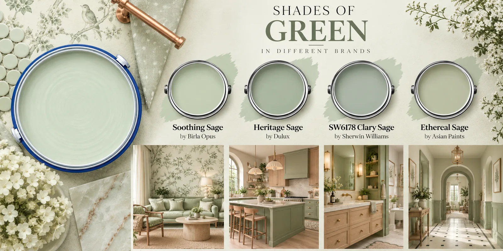 Shades of green in different brands — Soothing Sage by Birla Opus, Heritage Sage by Dulux, Clary Sage SW6178 by Sherwin-Williams and Ethereal Sage by Asian Paints, with sage living room, kitchen, bathroom and hallway interiors