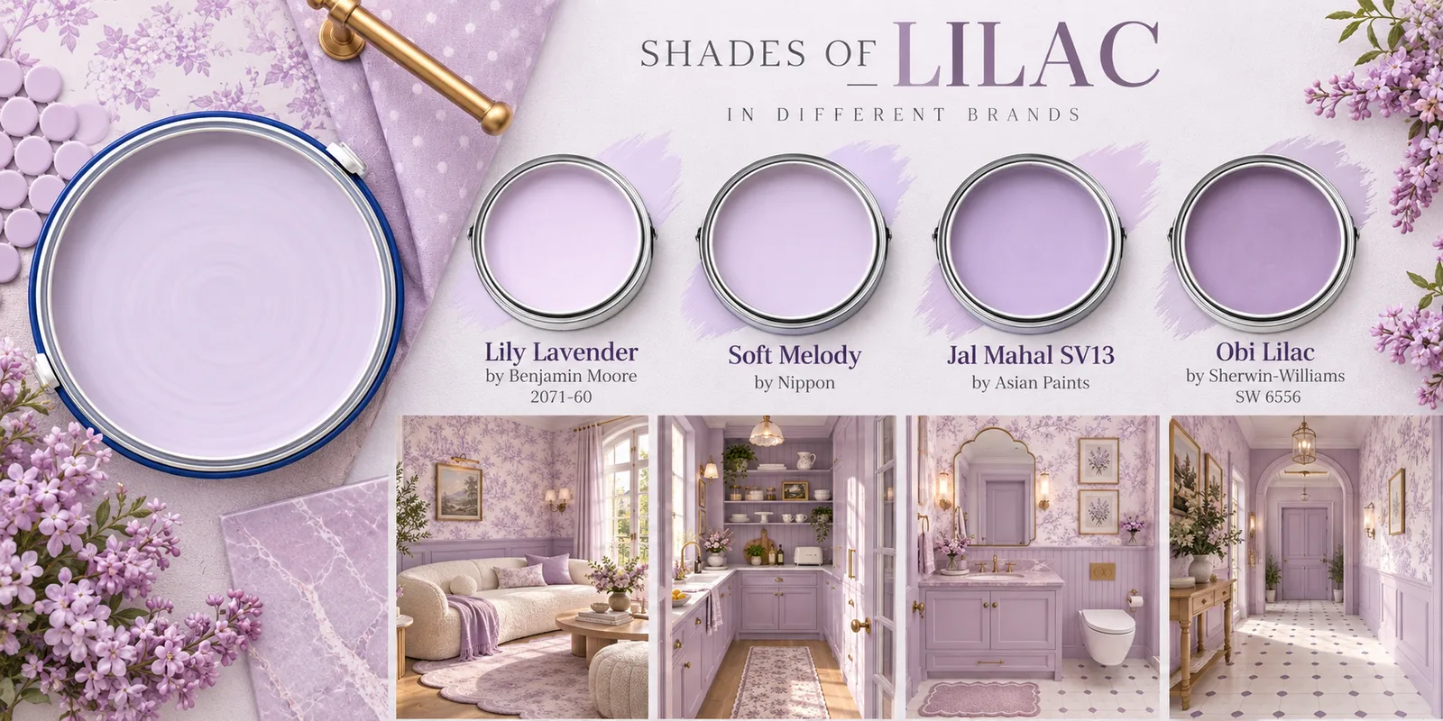 Shades of lilac in different brands — Lily Lavender 2071-60 by Benjamin Moore, Soft Melody by Nippon, Jal Mahal SV13 by Asian Paints and Obi Lilac SW 6556 by Sherwin-Williams, with lilac living room, kitchen, bathroom and hallway interiors