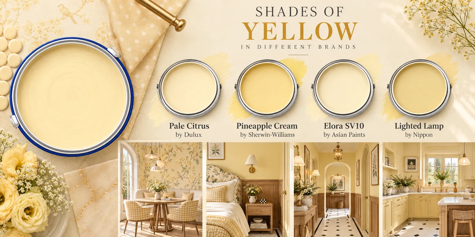 Shades of yellow in different brands — Pale Citrus by Dulux, Pineapple Cream by Sherwin-Williams, Elora SV10 by Asian Paints and Lighted Lamp by Nippon, with butter yellow dining room, bedroom, hallway and kitchen interiors